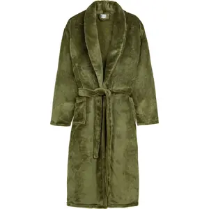 Халат, униформа, 1 шт., воротник-шалка, пояс, карманы, женский и мужской, велюр, блеск Good Morning, оливково-зеленый