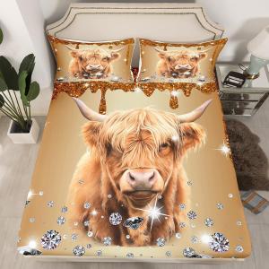 Erosebridal Комплект постельного белья Highland Cow с коричневыми стразами и художественным принтом, Sliver White,brown