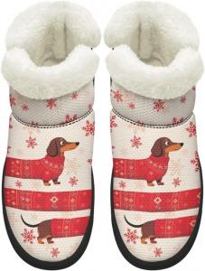 Зимние ботинки KEIAHUAN для женщин, уличная обувь для ходьбы босиком, теплые снежные сапожки с пушистым воротником, Christmas Dachshund