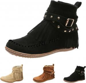 Женские ковбойские ботильоны с бахромой из искусственной замши, короткие ботинки на низком каблуке с кисточками, ретро стиль, зимние Generic, Black-A