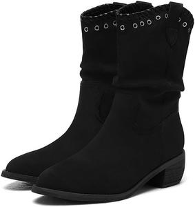 Женские замшевые ботильоны с заклепками на массивном каблуке, на носке с заостренным мыском, низкий каблук, модные полусапожки до середины голени, для осени и зимы, на вечеринки, выпуски, нарядные свидания AZAGNEEM, Black