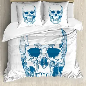 Пододеяльник ABAKUHAUS "Череп", элемент "Наука о черепе", защита от клещей, подходит для аллергиков с наволочками, 200 см x 200 см - 80 x 80 см, сине-белый