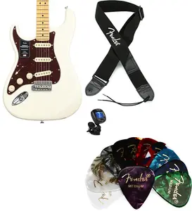 Fender American Professional II Stratocaster для левшей - Олимпийский белый с грифом из клена. Комплект с ремнем Fender 2" с логотипом из полиэстера - черный с белым логотипом... (4 предмета)