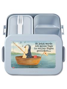 Mr. & Mrs. Panda Дизайн ланчбокса: пингвин, рыбацкая лодка, надпись пастельно-голубого цвета