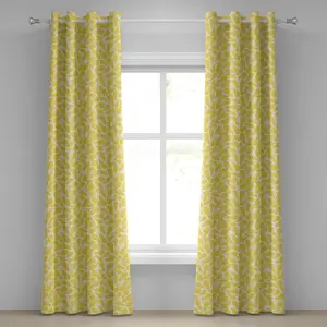 Желтая штора на люверсах ABAKUHAUS, милый узор в виде тропических экзотических ананасов желтого цвета с точками и маленькими кружочками, декоративная двухпанельная штора на окно, 280 см x 260 см, цвет белый и желтый Abakuhaus