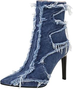 Женские джинсовые ботильоны Meefit на высоком каблуке с заостренным носком, шпилькой и молнией, сексуальные праздничные зимние туфли, Blue 2