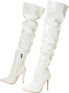 Женские лаковые ботфорты выше колена с тонким высоким каблуком и боковой молнией, сексуальная современная обувь Generic, White