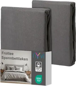 Простыня на резинке DreamScience Terry Cloth 180 x 200 - 200 x 200 см, серая, 2 шт., для матрасов высотой до 22 см - теплая и уютная, хорошо впитывает влагу, быстросохнущая NYVI