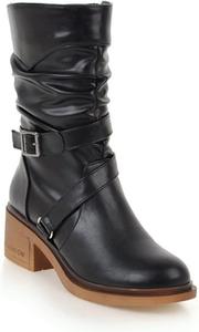 Женские модные байкерские ботинки VULTRO с пряжкой, из искусственной кожи, средние по голенищу, с массивным каблуком, ботинки для верховой езды, Black