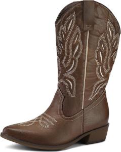 Женские ковбойские сапоги mysoft с широким голенью, средней высоты, с вышивкой, зауженные носки, ретро западного стиля, Brown