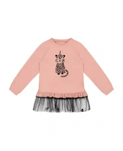 Длинный двухслойный топ для девочек из разных материалов с сетчатой оборкой по низу и леопардовым принтом - для детей постарше. Deux Par Deux, розовый