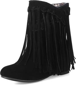 Женские замшевые вестерн-ботильоны EFTCAL с кисточками, скрытой платформой, на плоской подошве, стильные повседневные ботинки в винтажном стиле, Black