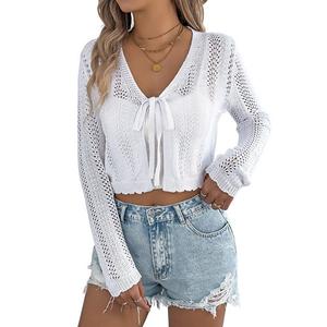 Женский укороченный кардиган с кружевной вязкой и завязкой спереди Clearflower, White