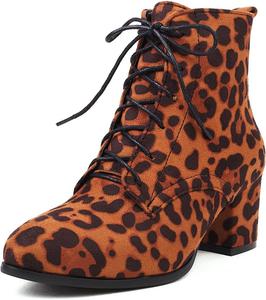 Cantianshu Женские замшевые ботильоны с леопардовым принтом, низкий массивный каблук, плиссированные, с круглым носком, короткие офисные ботинки