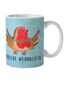 Детская кружка с рождественским рисунком малиновки и надписью в ледяном синем цвете Mr. & Mrs. Panda