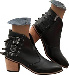 Женские панк-ботильоны ZSpzx из кожи, с разрезом V, массивным каблуком, разноцветным ремешком с пряжкой, заклепками, боковой молнией, круглым носком, в винтажном западном стиле, модные повседневные, водонепроницаемые, противоскользящие, для косплея, Black