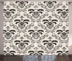 Штора ABAKUHAUS в стиле Абстрактная рустика, двухцветный дамаск с ботаническим узором, для спальни, со сборками, петлями и крючками, 280 x 225 см, цвет Шампань (темно-серый) Abakuhaus