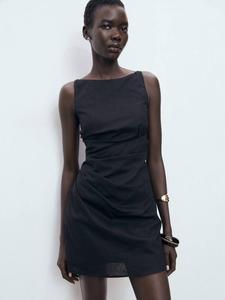 Коричневое мини-платье без рукавов из смеси льна и хлопка Mango, Black