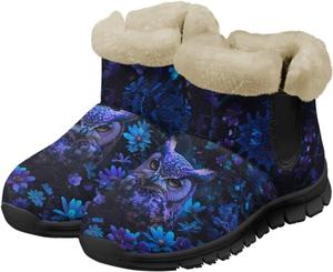 Женские зимние ботинки Jeiento Cute Owl с мехом, утепленные рабочие ботильоны с противоскользящей подошвой, Purple Owl Floral