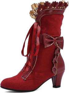 Викторианские ботинки для женщин, модные, с милым бантиком, шнуровкой, заостренным носком, свадебные ботильоны, женские ботинки на низком каблуке, для косплея, средние по голенище LJCFSDL, Red