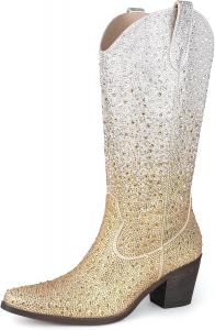 Женские ковбойские сапоги с камнями, средней высоты, заостренный носок, блестящий массивный каблук, сапоги в стиле ковбой с боковыми петлями для надевания MISSMILLER, Gold Silver