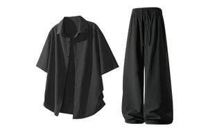 Повседневная спортивная одежда Unisex Lapel Thin X1617, черный ice silk shirt+черный ice silk pants