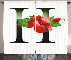 Штора ABAKUHAUS "Lite H" в деревенском стиле, листья гибискуса, зеленая, с присборенными ленточными шторами для спальни, петлями и крючками, 280 x 225 см, цвет: красный, черный, зеленый Abakuhaus