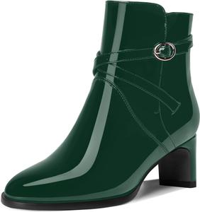 Женские лакированные уличные ботильоны с круглым носком, пряжкой, модные с массивным невысоким каблуком 2 дюйма DEMOSHINE, Dark Green