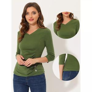 Женская однотонная блузка с V-образным вырезом и рукавами 3/4, вязаный топ с рюшами и пуговицами ALLEGRA K, светло-фиолетовый