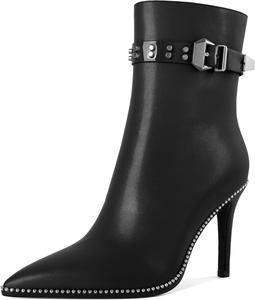 Younton Женские ботильоны на высоком каблуке-стилет с бусинами, заостренным носком, боковой молнией и пряжкой, из матовой кожи, 3,5 дюйма
