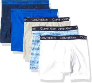 Современные хлопковые трусы-боксеры Calvin Klein для мальчиков (5 шт.), White/Blue Logo/Grey/Blue Icon/Blue