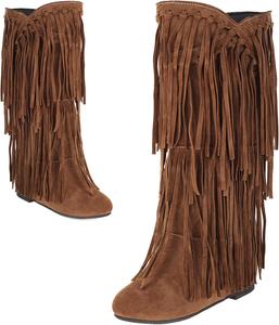 Женские замшевые сапоги Optigard с плюшевой бахромой до середины икры, модные сапоги с круглым носком на низком каблуке в стиле ретро, ковбойские сапоги, Khaki