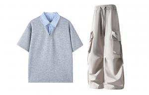 Повседневная спортивная одежда Unisex с лацканом Moderate X1617, серый short-sleeved+greige casual cargo pants