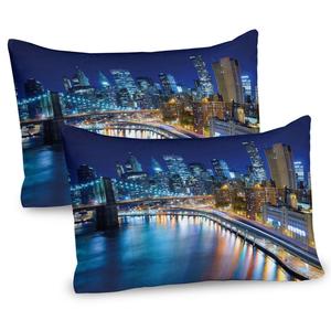 Чехлы на подушку ABAKUHAUS с пейзажем, набор из 2 шт., вид на знаменитую гавань залива, Нью-Йорк, Манхэттен, США, ночной фотошаблон, чехол для подушки с декоративным принтом, 80 x 40 см, многоцветный