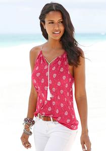 LASCANA Женский топ без рукавов с принтом и кисточками, красный