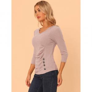 Женская однотонная блузка с V-образным вырезом и рукавами 3/4, вязаный топ с рюшами и пуговицами ALLEGRA K, цвет Light Gray