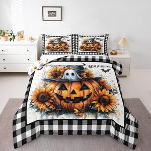 Erosebridal Комплект постельного белья Happy Halloween для детей с готическими призраками, тыквами и летучими мышами в черно-белую клетку, Black White Orange