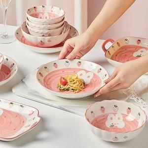 Ceramics Симпатичная керамическая миска для дома, пиала, тарелка с дизайном клубничного кролика, набор индивидуальной сервировки с палочками и ложкой, 24 см большая миска с двумя ручками + ложка + розовые палочки