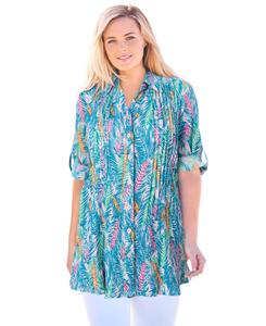 Рубашка из марли большого размера с защипами и пуговицами Woman Within, Pink watercolor palms