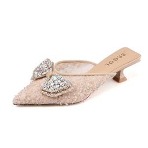 Резиновая подошва кожаные стеганые стразы нескользящие закрытые тапочки women's POOQ, Nude