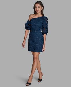 Женское кружевное мини-платье на одно плечо с текстурированными пышными рукавами BCBG, Dark Blue