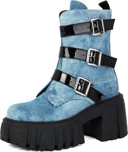 Женские ботильоны на платформе с массивным каблуком, на танкетке, с боковой молнией, средней высоты, в клетку, для рейва, мотоциклетные боевые панк-сапоги Generic, Denim Fabric