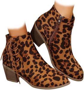 Женские ботильоны на низком каблуке - повседневные ботильоны с молнией и кисточками - удобные повседневные ботильоны с округлым носком ZJWBB, Leopard Print
