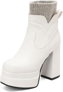 Женские модные сапоги средней длины с двойной платформой, массивным высоким каблуком, квадратным носком и боковой молнией, ботильоны для женщин JMdfcqer, White