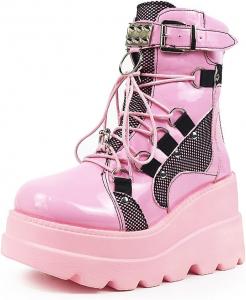 Женские боевые ботинки ZBYY на молнии с шнуровкой, массивной подошвой, в стиле милитари, платформой, танкеткой, с заклепками, готические полусапожки до середины голени, 10.5 Pink