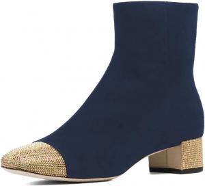Женские ботильоны FYS с заклепками и стразами, носок с капюшоном, двухцветные, с низким устойчивым каблуком, короткие ботинки с боковой молнией, модные туфли для вечеринок и выпускных, размеры 4-16 US, Navy-Gold