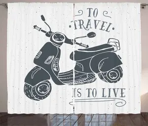 Штора для спальни ABAKUHAUS в деревенском стиле с изображением мотоцикла, с мотивом скутера, с присборенной лентой, петлями и крючками, 280 x 225 см, белая Abakuhaus