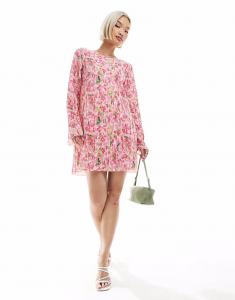 Мини-платье Pieces с длинными рукавами и плиссировкой в ​​розовом цветочном узоре