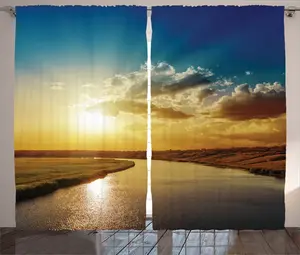Штора ABAKUHAUS Деревенский пейзаж, Мечтательный закат на реке, универсальная ленточная штора для гостиной с петлями и крючками, 280 x 245 см, сине-желтая Abakuhaus