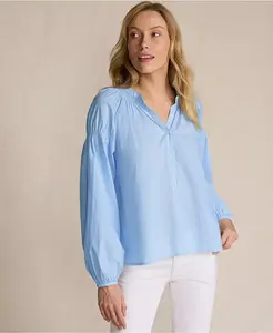 Женский топ из хлопковой вуали с длинными рукавами реглан со сборками Lands' End, синий